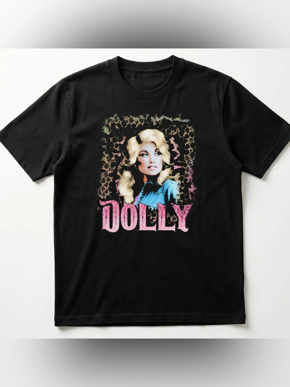 Black Tee with Pastel Dolly Parton and Leopard Frame - Unisex Retro All Size